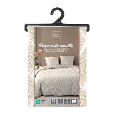 Housse de couette réversible - 220x240 cm + taies - Feuilles blanches et beiges