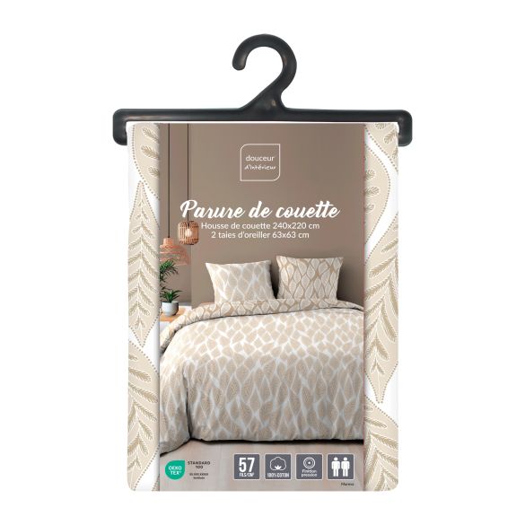 Housse de couette réversible - 220x240 cm + taies - Feuilles blanches et beiges