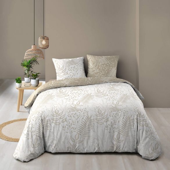 Housse de couette réversible - 220x240 cm + taies - Feuillage blanc et beige