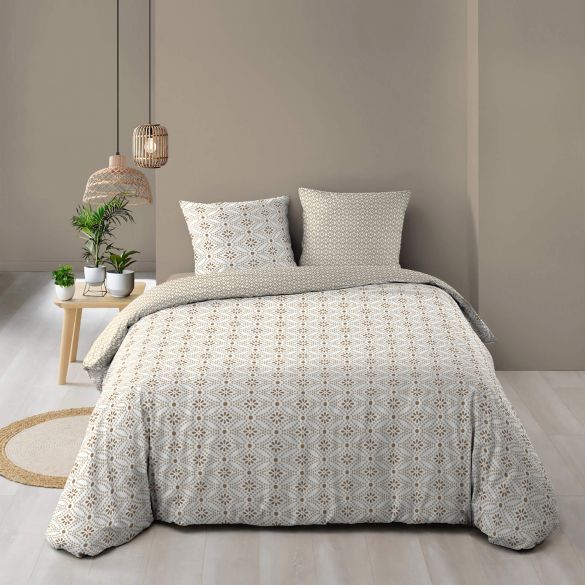 Housse de couette réversible - 220x240 cm + taies - motif graphique blanc et beige