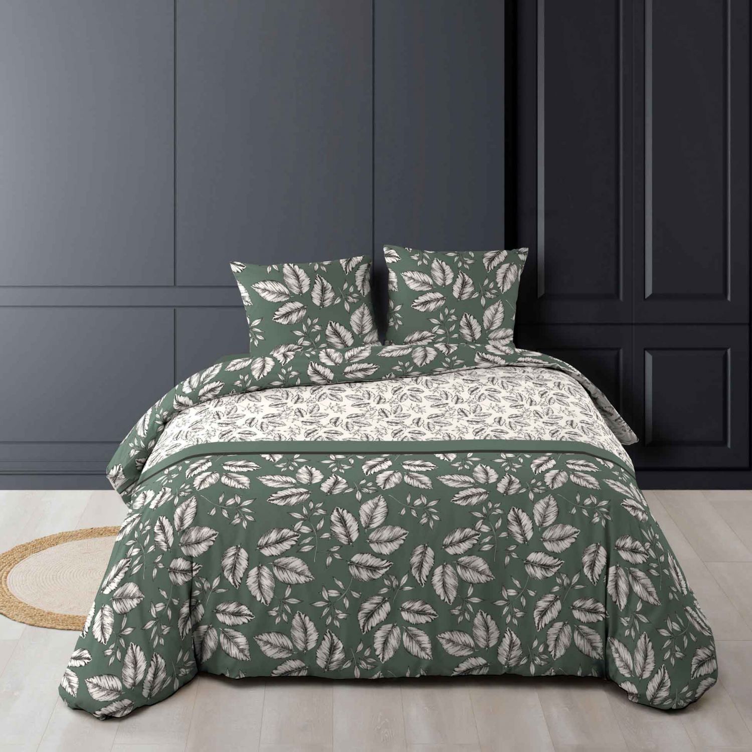 Housse de couette 220x240 cm + taies - Feuillage vert kaki