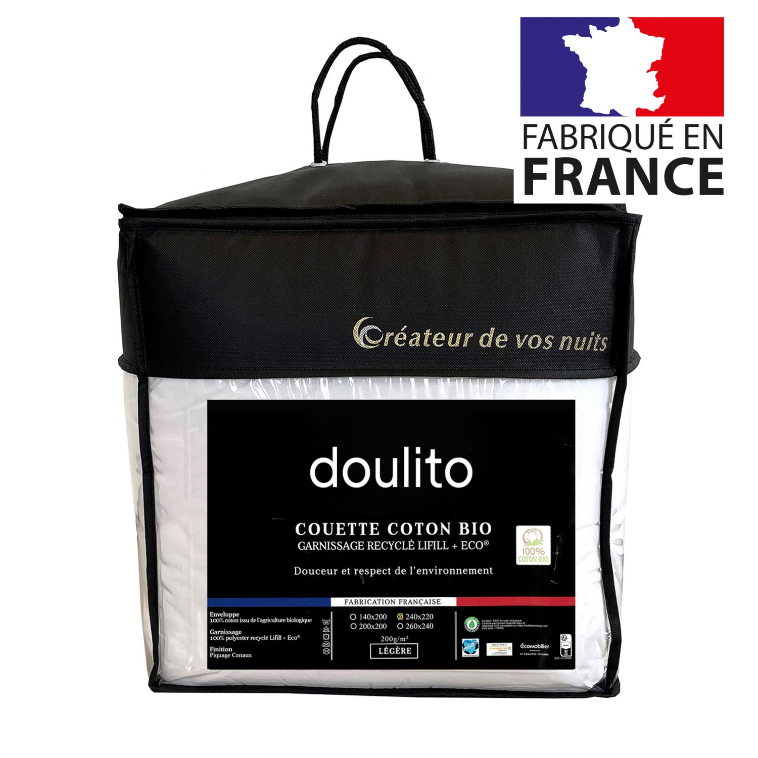 Couette légère coton bio - 220x240 cm - 200g/m² - Made in France