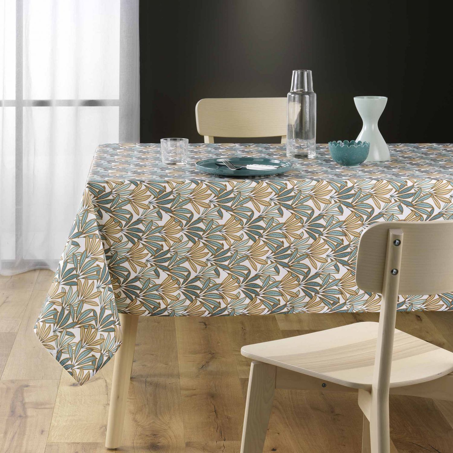 Nappe antitache rectangulaire 150x240 cm - Feuillage sauge, orange et bleu