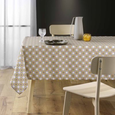 Nappe antitache rectangulaire 145x240 cm - Fleurs et ronds bleu et jaune