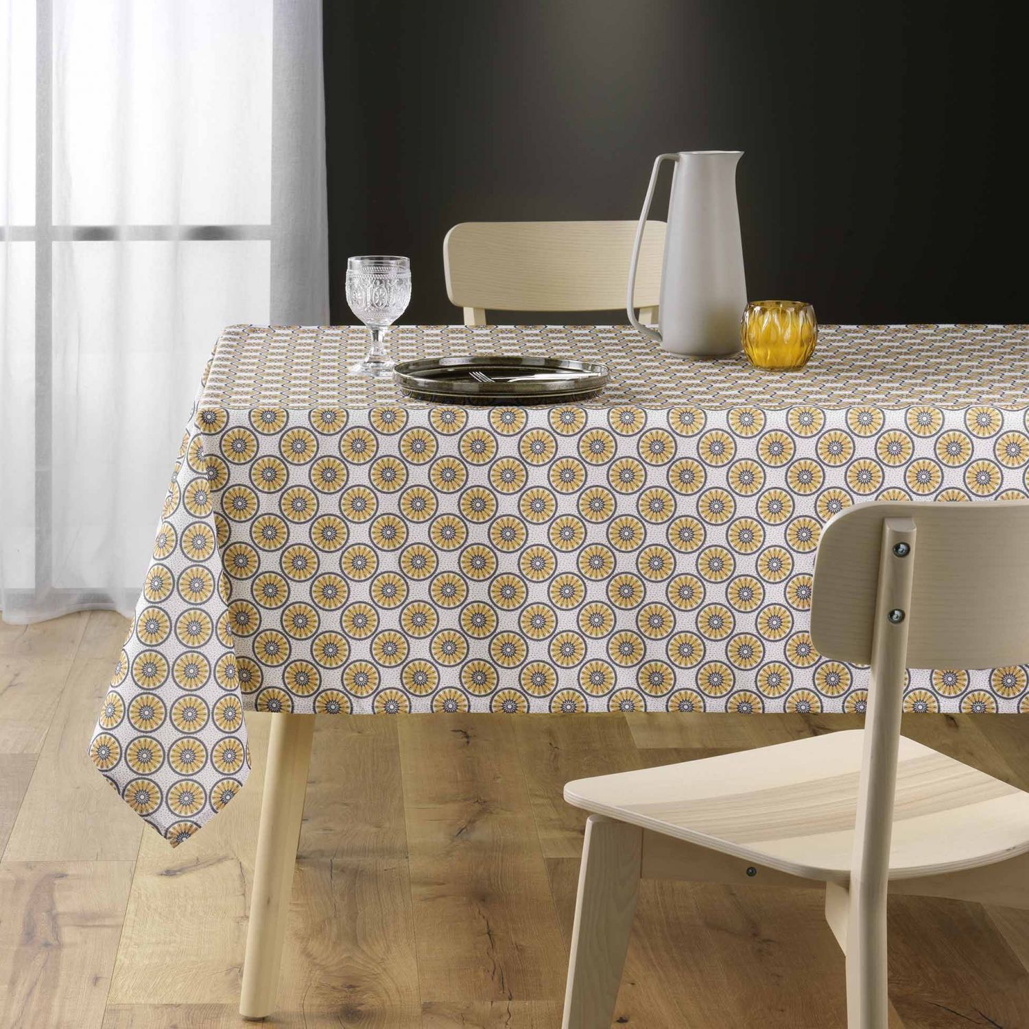 Nappe antitache rectangulaire 145x240 cm - Fleurs et ronds bleu et jaune