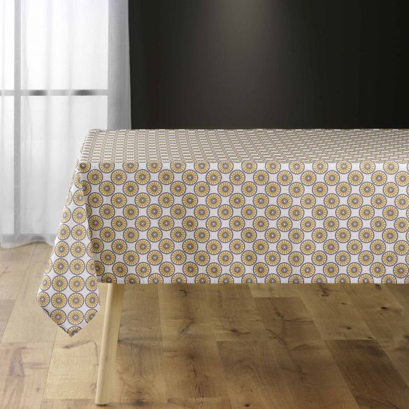 Nappe antitache rectangulaire 145x240 cm - Fleurs et ronds bleu et jaune