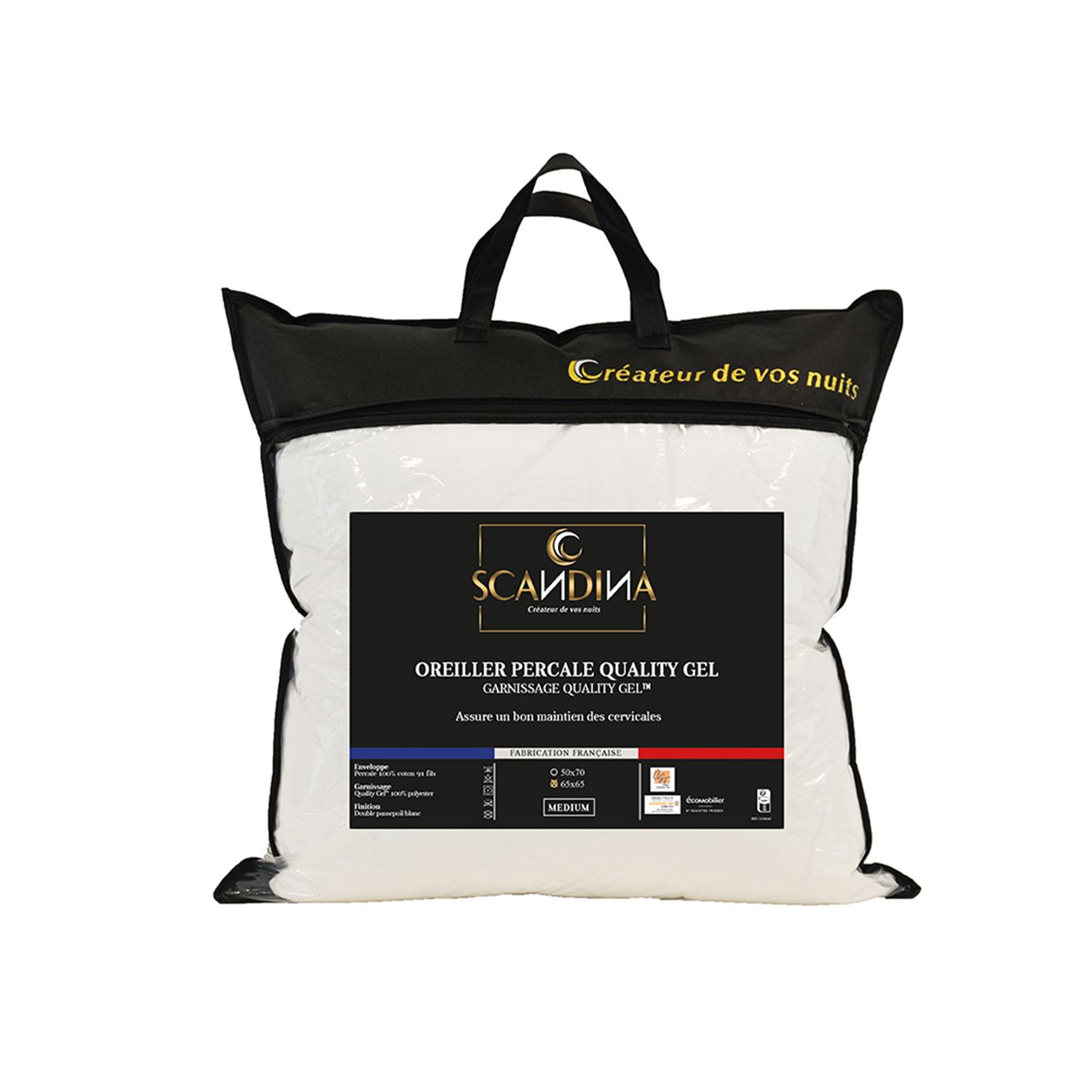 Oreiller coton percale quality gel - 65 x 65 - Made in France