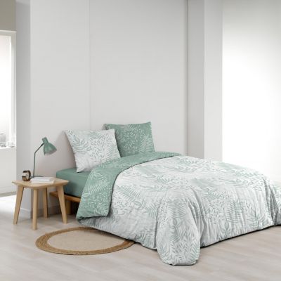 Housse de couette 220x240 cm + taies - Réversible - Feuillage blanc et sauge
