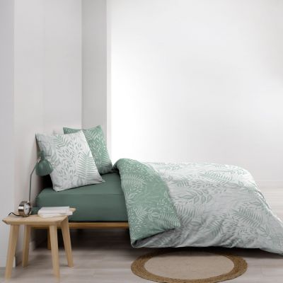 Housse de couette 220x240 cm + taies - Réversible - Feuillage blanc et sauge