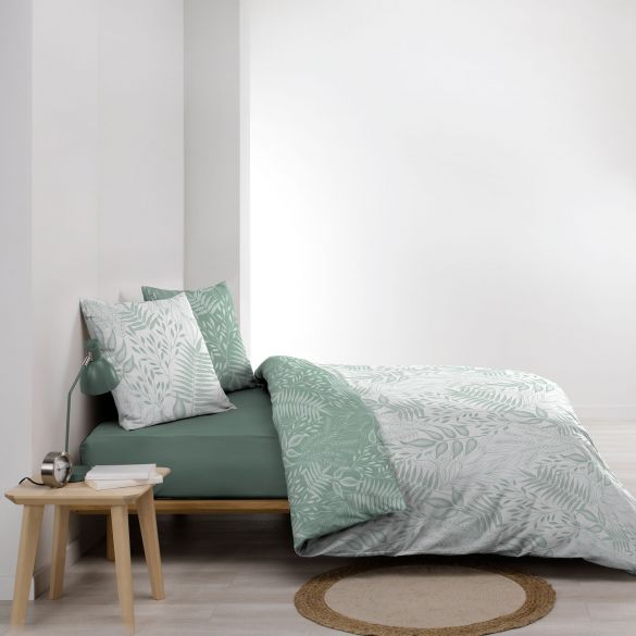 Housse de couette 220x240 cm + taies - Réversible - Feuillage blanc et sauge
