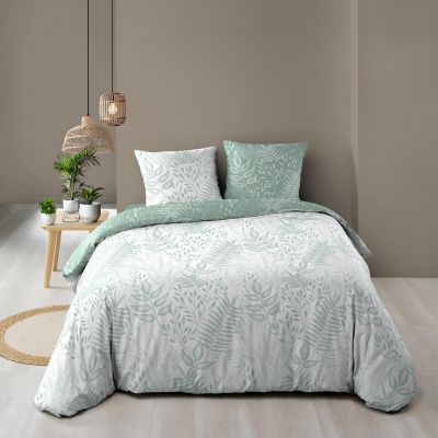 Housse de couette 220x240 cm + taies - Réversible - Feuillage blanc et sauge