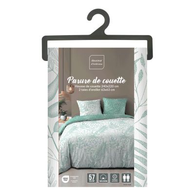 Housse de couette 220x240 cm + taies - Réversible - Feuillage blanc et sauge
