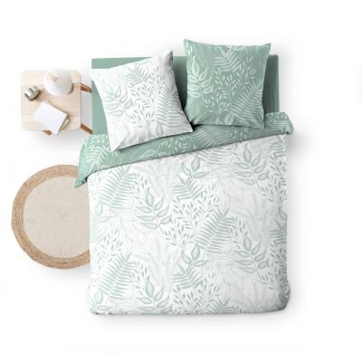 Housse de couette 240x260 cm + taies - Réversible - Feuillage blanc et sauge