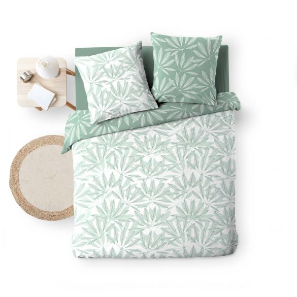 Housse de couette 260 x 240 CM + taies - Réversible - Feuilles blanche et sauge