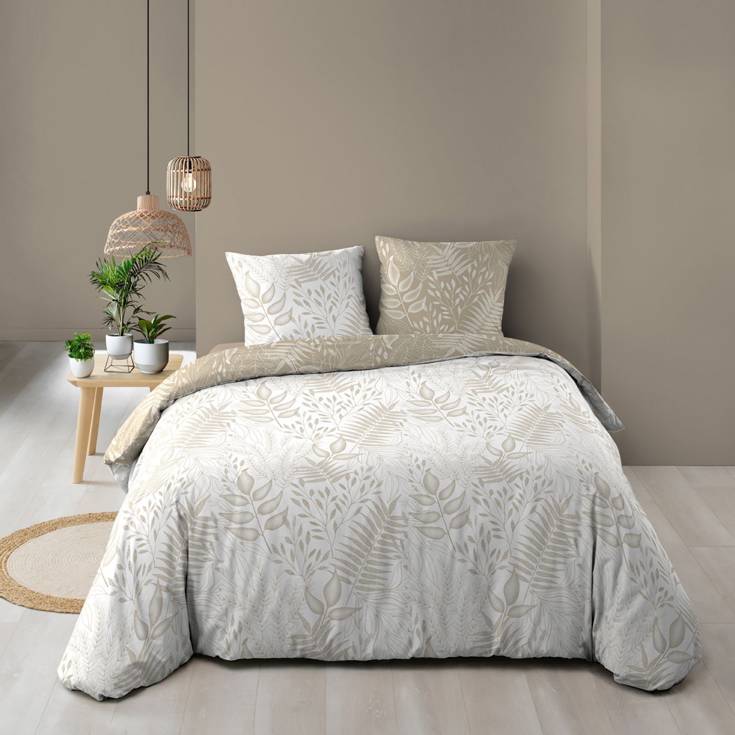 Housse de couette 260x240 cm + taies - Réversible - Feuilles blanche et naturel