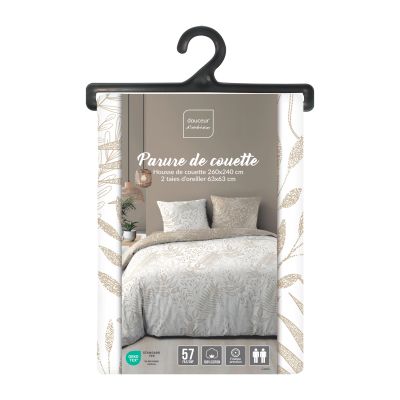Housse de couette 260x240 cm + taies - Réversible - Feuilles blanche et naturel