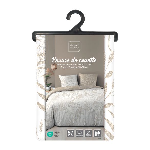 Housse de couette 260x240 cm + taies - Réversible - Feuilles blanche et naturel