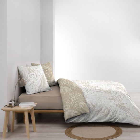 Housse de couette 260x240 cm + taies - Réversible - Feuilles blanche et naturel