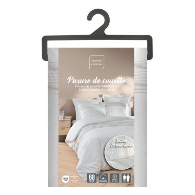Housse de couette 220x240 cm + taies - Fils teints brodés blanche et naturel