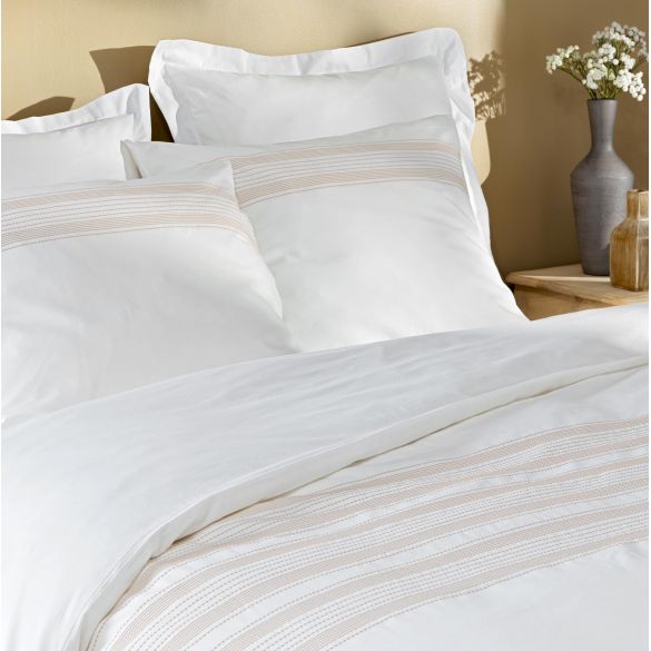 Housse de couette 220x240 cm + taies - Fils teints brodés blanche et naturel