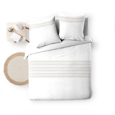 Housse de couette 220x240 cm + taies - Fils teints brodés blanche et naturel