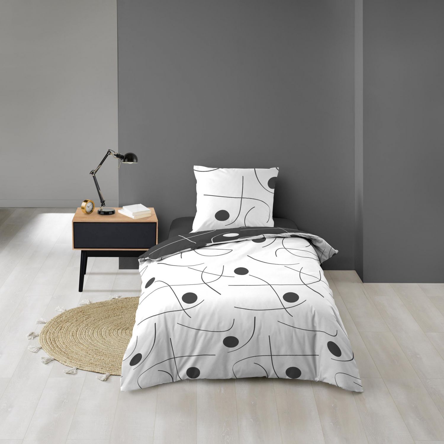 Housse de couette microfibre 140x200 cm + taies - Réversible - Ronds et traits Noir et Blanc