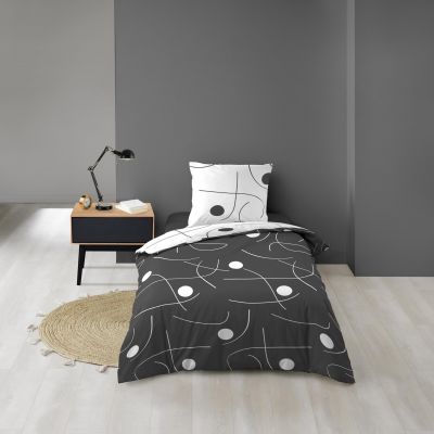 Housse de couette microfibre 140x200 cm + taies - Réversible - Ronds et traits Noir et Blanc
