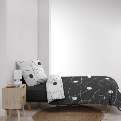 Housse de couette microfibre 140x200 cm + taies - Réversible - Ronds et traits Noir et Blanc