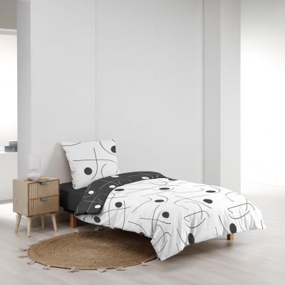 Housse de couette microfibre 140x200 cm + taies - Réversible - Ronds et traits Noir et Blanc