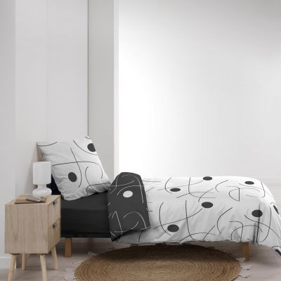 Housse de couette microfibre 140x200 cm + taies - Réversible - Ronds et traits Noir et Blanc