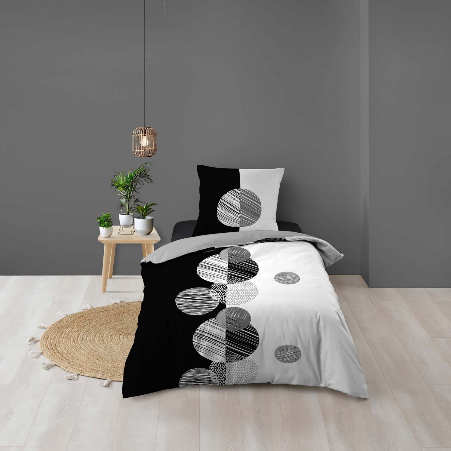 Housse de couette 140x200 cm + taies - Ronds Noir et Blanc