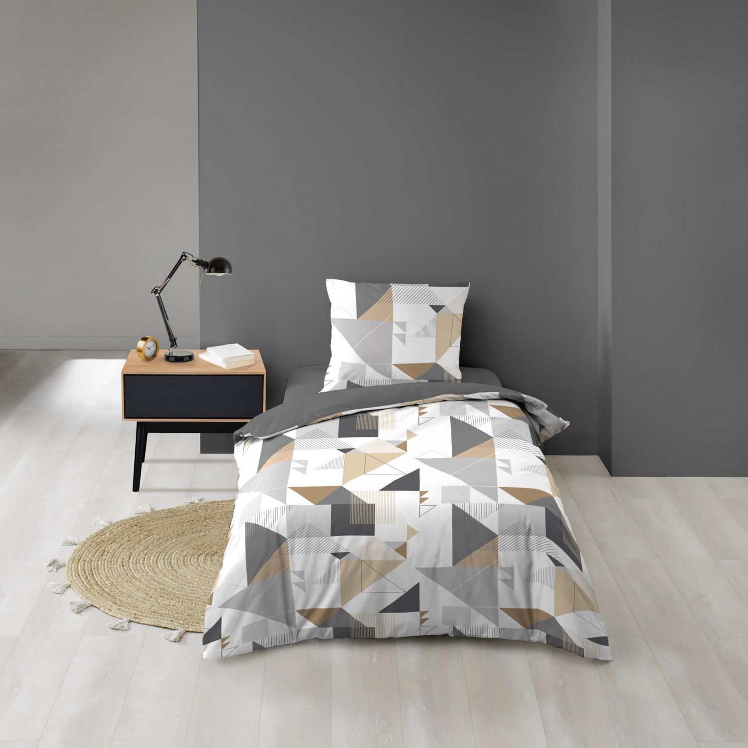 Housse de couette microfibre 140x200 cm + taies - Forme graphique Blanc gris naturel