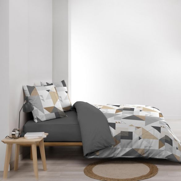 Housse de couette microfibre 140x200 cm + taies - Forme graphique Blanc gris naturel