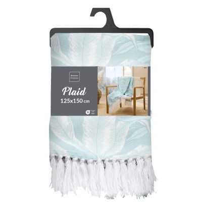 Plaid à franges 125x150 cm - Bleu feuilles blanche