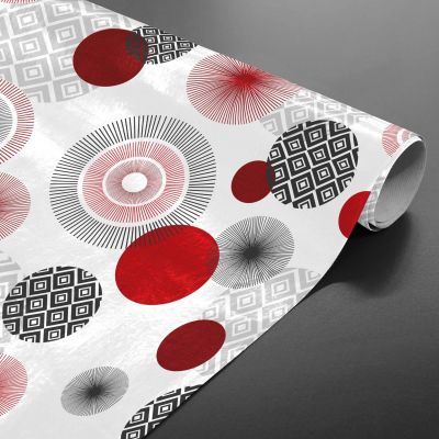 Toile cirée au mètre - Largeur 140 cm - Ronds rouge, noir et gris