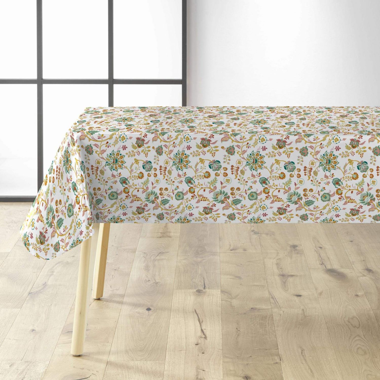 Nappe En Toile Cirée Au Mètre - Motif Mésanges Et Fleurs De Cerisier Sur Fond Bleu - Taille 140 X 320 Cm (autres Formats Sur Mesure)