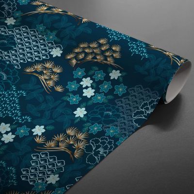 Toile cirée au mètre - Largeur 140 cm - Fleurs bleues et dorées - fond bleu