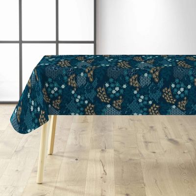 Toile cirée au mètre - Largeur 140 cm - Fleurs bleues et dorées - fond bleu