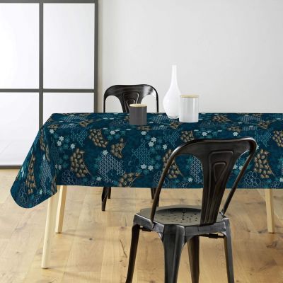 Toile cirée au mètre - Largeur 140 cm - Fleurs bleues et dorées - fond bleu