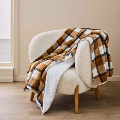 Plaid 125x150 cm - Ecossais Camel, Tartan et Sherpa