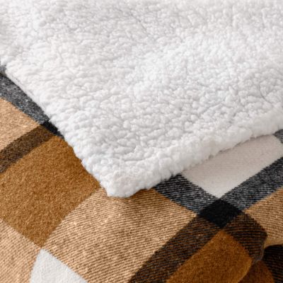 Plaid 125x150 cm - Ecossais Camel, Tartan et Sherpa