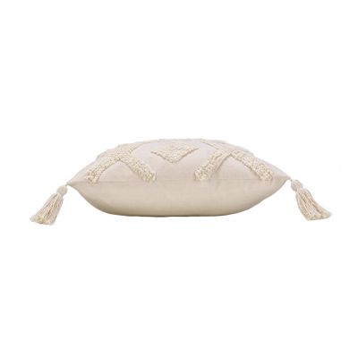 Coussin Déhoussable 40x40 cm- Uni écru effet tufté avec pompons 
