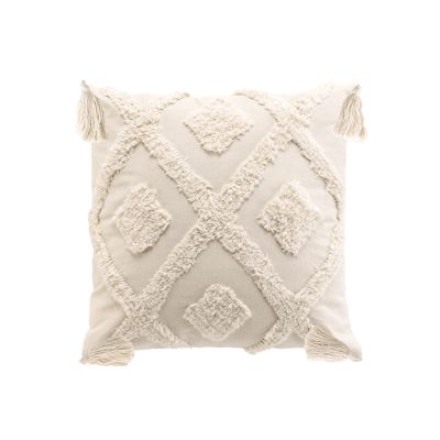 Coussin Déhoussable 40x40 cm- Uni écru effet tufté avec pompons 