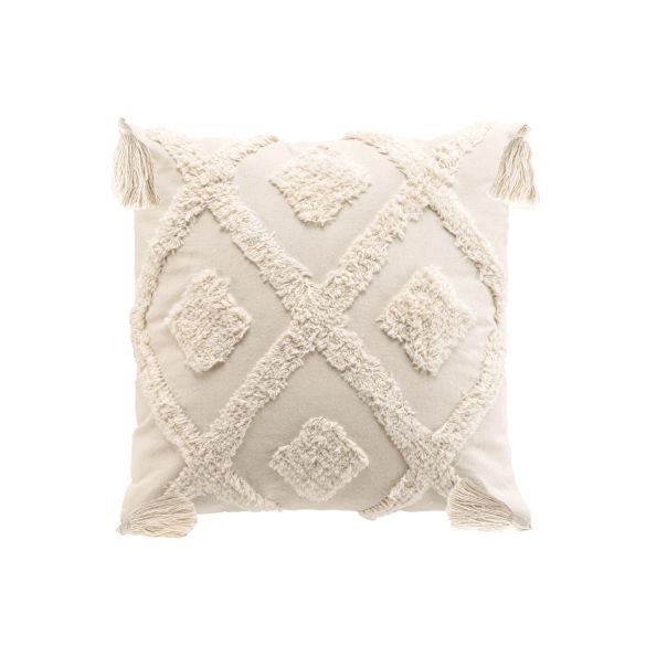 Coussin Déhoussable 40x40 cm- Uni écru effet tufté avec pompons 