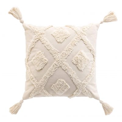 Coussin Déhoussable 40x40 cm- Uni écru effet tufté avec pompons 