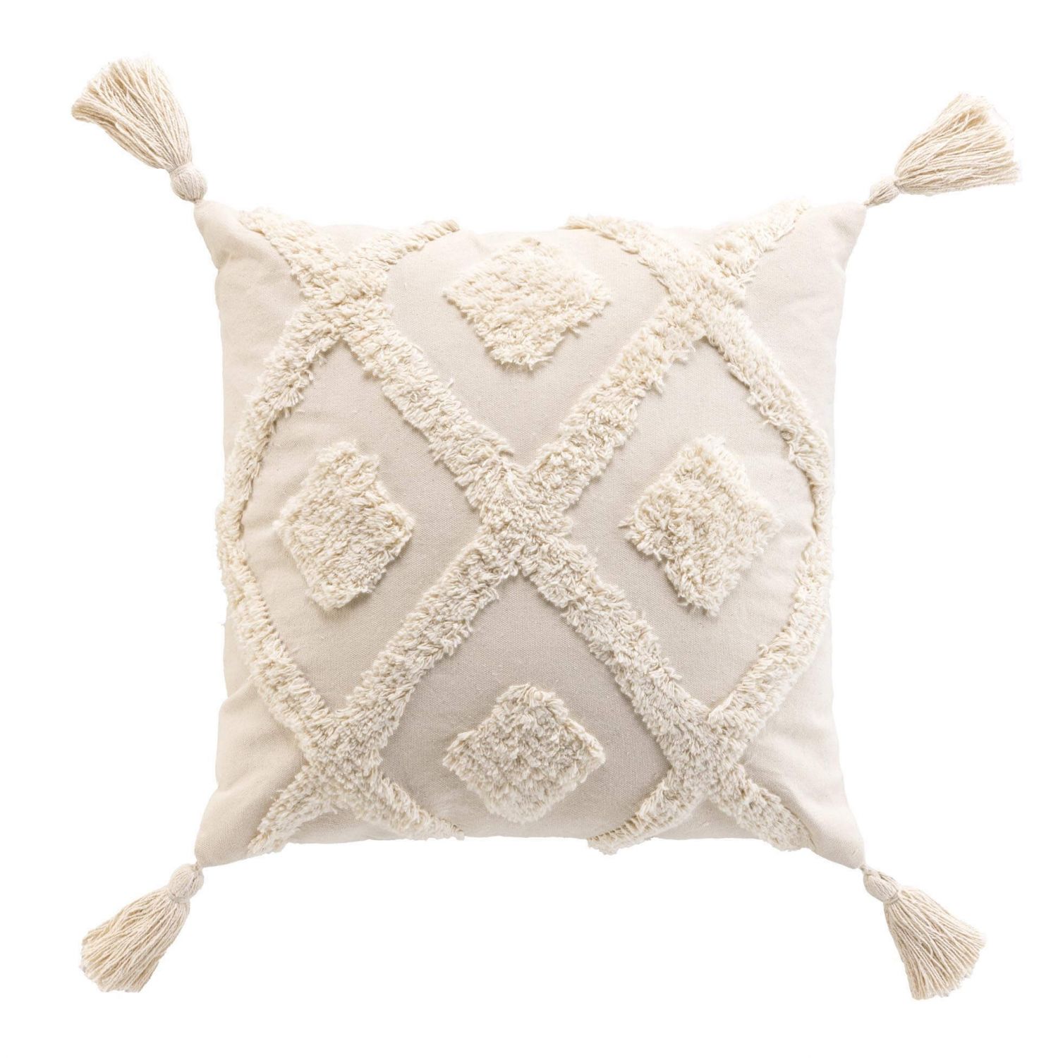 Coussin Déhoussable 40x40 cm- Uni écru effet tufté avec pompons 