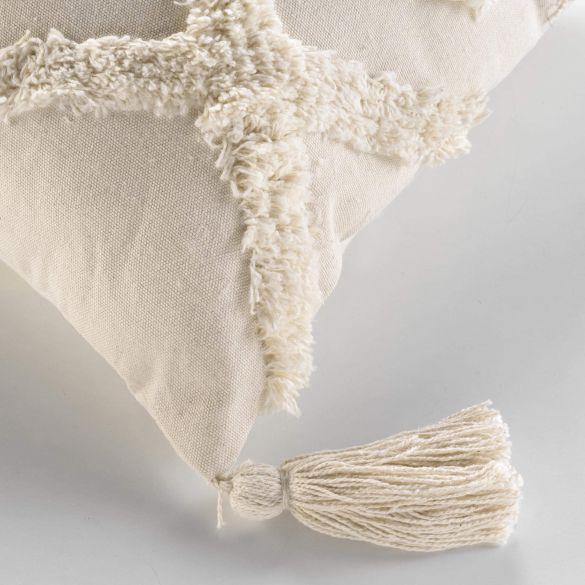 Coussin Déhoussable 40x40 cm- Uni écru effet tufté avec pompons 