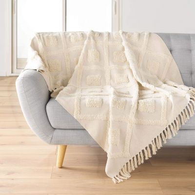 Plaid à Franges 125x150 cm - Uni écru effet tufté