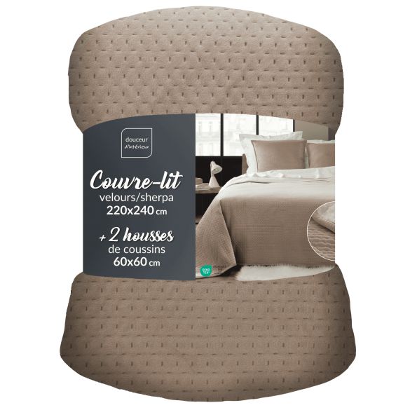 Couvre lit matelassé - 220 x 240 cm + taies- Effet velours