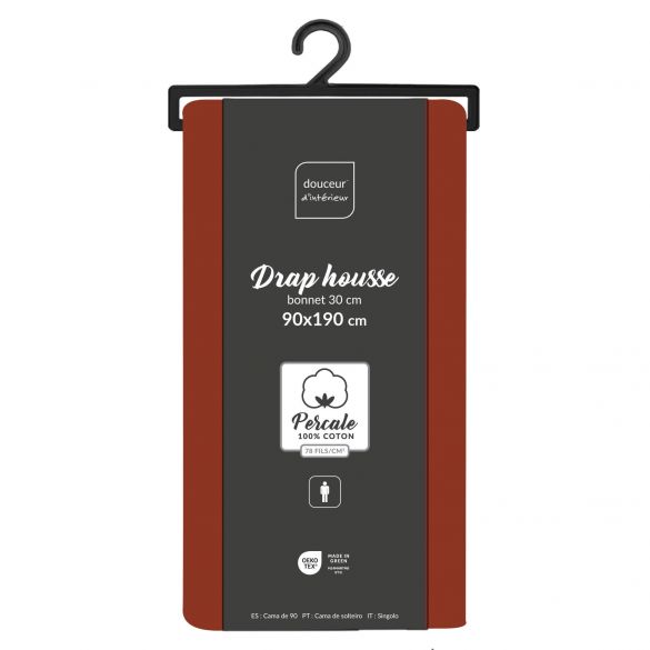Drap housse 90x190 cm - Percale 100% coton - Bonnet 30 cm